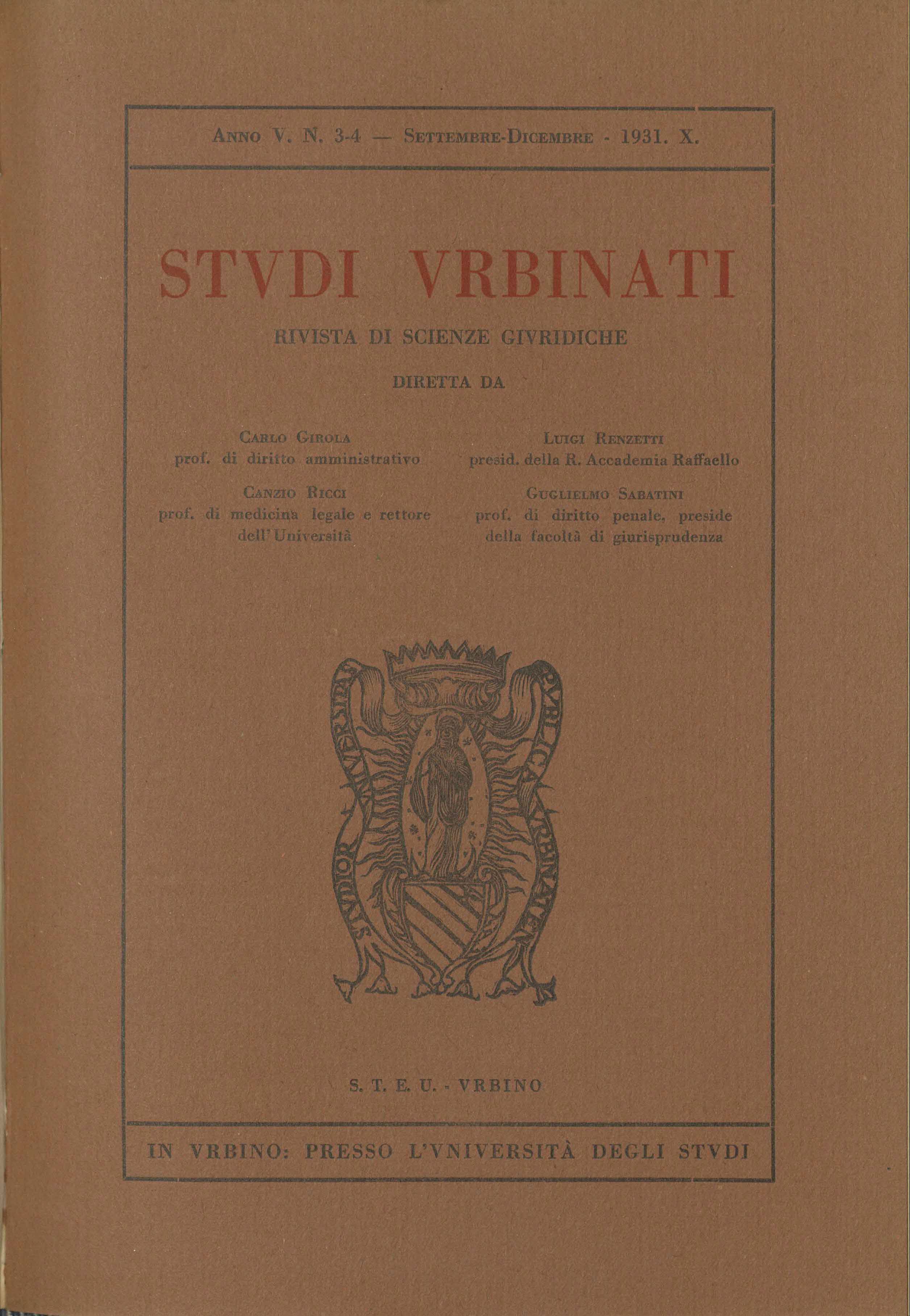 Copertina di Studi Urbinati anno 1931 numeri 3 e 4