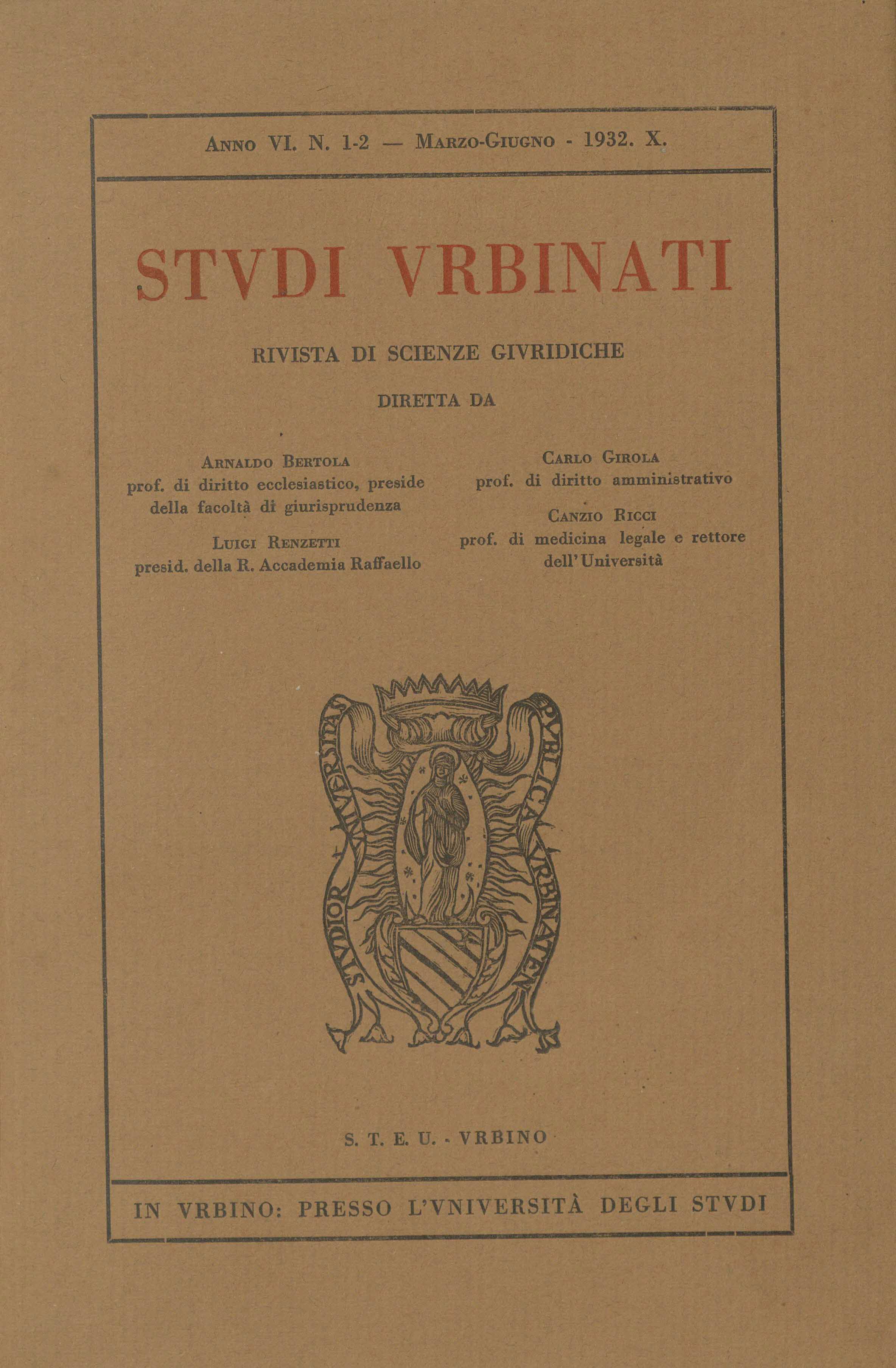 Copertina di Studi Urbinati anno 1932 numeri 1 e 2 con stemma dell'università degli studi di Urbino