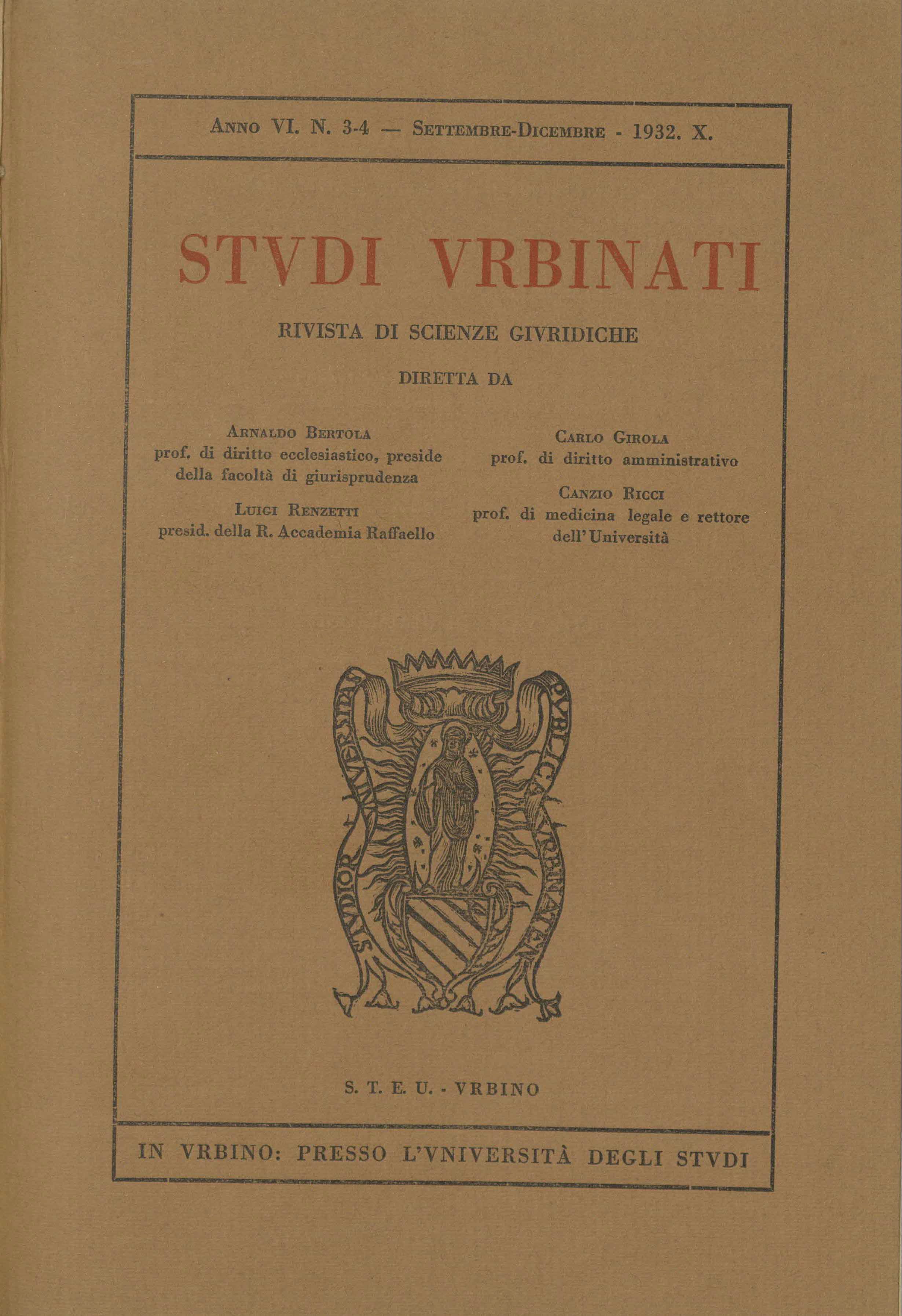 Copertina di Studi Urbinati anno 1932 numeri 3 e 4 con stemma dell'università degli studi di Urbino