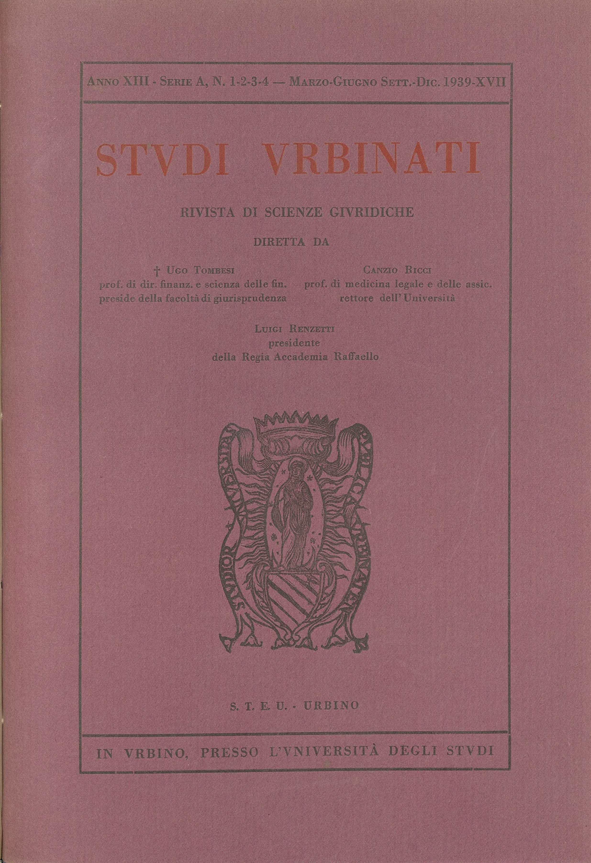 Copertina di Studi Urbinati anno 1939